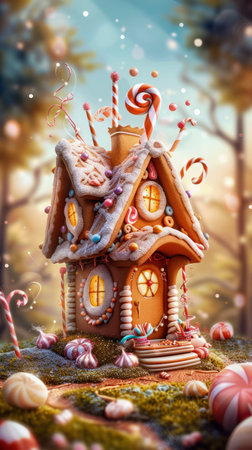 This festive gingerbread house, adorned with colorful candy, is a charming centerpiece for any holiday gathering The sweet details, from candy cane columns to gumdrop windows, create a delightful and whimsical display Get inspired to build your own gingerbread masterpiece! AI Generativeの素材
