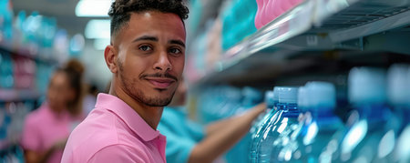 Retail workers diligently restock shelves, ensuring a seamless shopping experience Their tireless efforts maintain product availability, meeting surging customer demand This image captures the essential role of retail workers in keeping supply chains flowing and guaranteeing a well-stocked store AI Generativeの素材