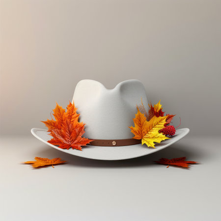 A charming pilgrim hat adorned with vibrant fall leaves, perfect for adding seasonal charm to your home decor Ideal for Autumn, Thanksgiving, and Harvest Festival displays The hat features intricate details and realistic foliage, creating a warm and welcoming ambiance  Enhance your home with this beautiful seasonal element AI Generativeの素材