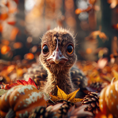 A charming turkey with a wide, happy smile holds a sign that reads &quot;Happy Thanksgiving&quot; Perfect for holiday cards, invitations, and social media posts, this adorable image captures the joy and warmth of the Thanksgiving season AI Generativeの素材