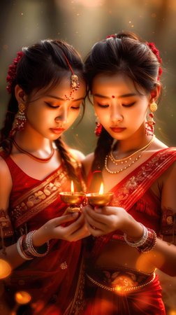 Capture the serenity and beauty of tradition with these stunning images of women lighting oil lamps on a festive night  Each photo evokes tranquility and warmth, perfect for celebrations, cultural themes, and showcasing the beauty of ancient rituals AI Generativeの素材