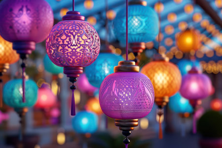 Vibrant Ramadan lanterns illuminate a bustling marketplace, casting a warm glow across the bazaar Colorful, intricate designs hang overhead, creating a captivating festive atmosphere Immerse yourself in the spirit of Ramadan celebrations, where tradition and joy intertwine AI Generativeの素材