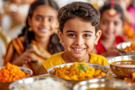 A heartwarming image capturing the essence of Diwali celebrations A family gathers around a table laden with delicious Indian cuisine, sharing laughter and joy Festive decorations and warm lighting create a vibrant atmosphere The photograph embodies the tradition, togetherness, and happiness of Diwali AI Generativeの素材