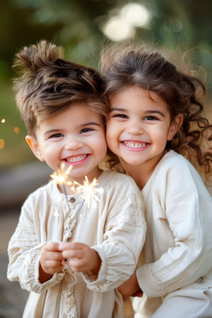 Children's faces glow with delight as they twirl sparklers on a festive night The air is filled with laughter and the magic of celebration These precious moments of childhood joy create lasting memories of pure happiness and festive wonder AI Generativeの素材