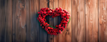 A charming heart-shaped wreath adorns a rustic door, creating a cozy and romantic Valentine's Day ambiance  This heartfelt decoration adds warmth and love to your home, perfect for enhancing your decor this season  The rustic door and the heart-shaped wreath create a stunning visual that is sure to impress AI Generativeの素材