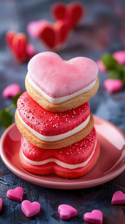 A festive platter overflows with homemade red and pink heart-shaped cookies These Valentine&#39;s Day delights are perfect for celebrations, parties, and dessert tables Each cookie is meticulously decorated, showcasing vibrant colors and intricate designs A sweet and colorful treat that will make any occasion special AI Generativeの素材