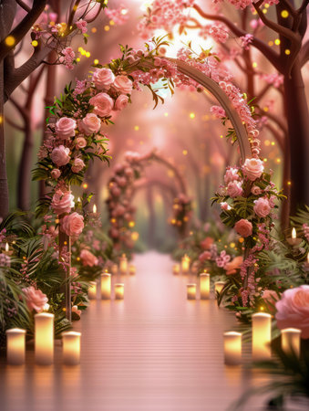 A magical path illuminated by flickering candlelight leads to a breathtaking surprise This Valentine&#39;s Day, create an unforgettable experience with a romantic setup that feels like a fairy tale  Flowers, glowing candles, and a serene ambiance set the stage for an intimate celebration of love AI Generativeの素材