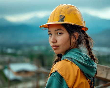 Strong women in hard hats celebrate Women&#39;s History Month on a construction site They stand united, defying stereotypes and breaking barriers in the industry with dedication and strength This powerful image embodies the resilience and talent of women in construction AI Generativeの素材