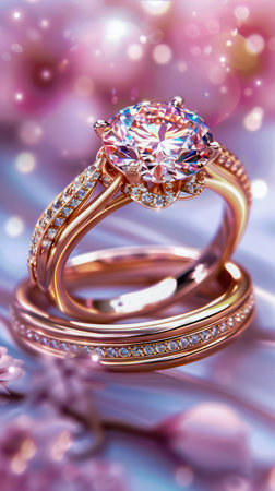 A romantic couple exchanges rings on Valentine&#39;s Day, symbolizing their commitment in a dreamy setting  The perfect engagement rings shine, representing love and devotion  Find the ideal symbol of love for your special day AI Generativeの素材
