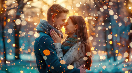 A loving couple shares a tender embrace on Valentine&#39;s Day, their affection radiating warmth and joy Their heartfelt hug embodies the essence of romance, capturing the pure bliss of celebrating love on this special day AI Generativeの素材