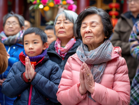 A Chinese family, dressed in vibrant traditional attire, bows in prayer at a bustling temple during Chinese New Year Incense smoke curls, highlighting the vibrant lanterns and intricate decorations This heartwarming image captures the spiritual essence of the Lunar Festival, emphasizing the importance of family and tradition in this cultural celebration AI Generativeの素材