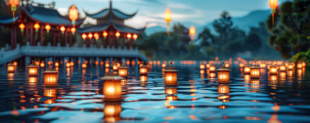 The Lantern Festival bursts with vibrant color and tradition Witness the mesmerizing spectacle of floating lanterns illuminating the night sky, a breathtaking display of light and cultural celebration  Capture the magic of Chinese New Year as glowing lanterns dance on the water, a captivating visual journey for your photo collection AI Generativeの素材