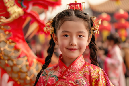 A vibrant dragon dance explodes with youthful energy during Chinese New Year celebrations Young performers bring tradition to life, their every move embodying the festive spirit and rich cultural heritage of this ancient custom Laughter and joy fill the air as the dragon weaves its way through the crowd, spreading good fortune and ushering in the new year AI Generativeの素材