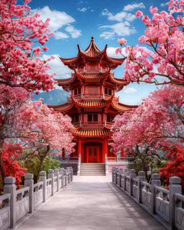 A family's joyous Chinese New Year pilgrimage to a vibrant temple Stunning photos capture the essence of spiritual observance, cultural festivities, and familial bonding during this auspicious celebration Vivid colors, intricate details, and heartfelt moments showcase the enduring traditions and rich heritage of Chinese culture AI Generativeの素材