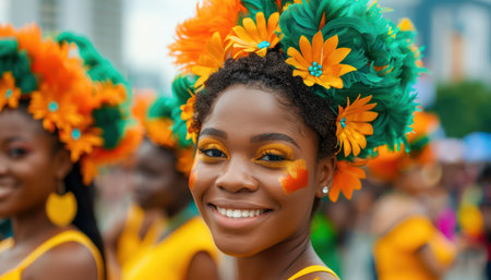 A vibrant carnival celebration bursts with energy as people adorned in stunning cultural attire parade through the streets Elaborate feathered headdresses, intricate embroidery, and dazzling colors create a breathtaking spectacle of cultural pride and joy AI Generativeの素材