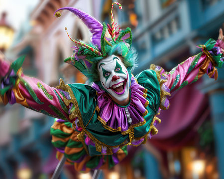 This vibrant, high-resolution image captures the energy and excitement of a street performer on stilts  His colorful costume and dynamic pose are perfect for eye-catching promotions, festival marketing, and vibrant displays This captivating image is guaranteed to draw attention and add a touch of carnival magic to any project AI Generativeの素材