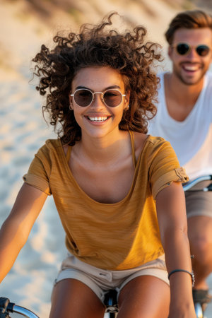 Capture the joy of friendship and adventure on a bike ride High-resolution, photorealistic images showcase friends exploring together, with every detail from their smiles to the sun-drenched scenery captured in stunning visual clarity Perfect for travel, lifestyle, and outdoor photography projects AI Generativeの素材
