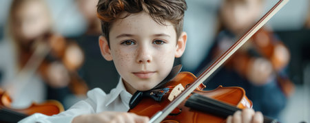 A young child with autism, eyes shining with joy, plays music in a vibrant classroom Every detail, from the nuanced expression on their face to the intricate textures of the instrument, is rendered with photorealistic precision This image celebrates the unique talents of every individual and the power of music to inspire and connect AI Generativeの素材