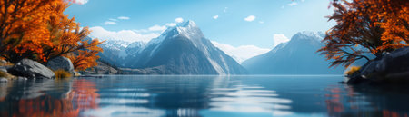 Majestic mountain peaks pierce the sky, their reflections dancing in vibrant autumn hues Capture the breathtaking beauty of nature&#39;s canvas, from scenic vistas to captivating landscapes This stunning photography is perfect for wallpaper, travel inspiration, and igniting your wanderlust AI Generativeの素材