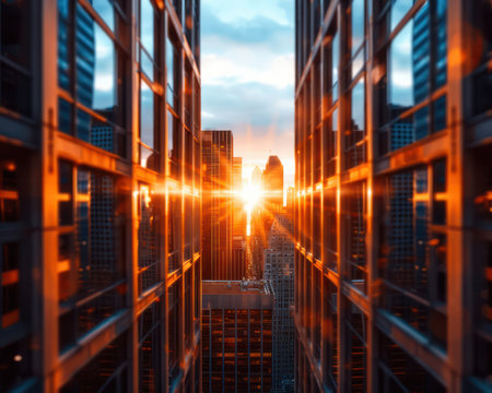 A breathtaking sunset paints the sky above a modern cityscape Golden rays illuminate towering skyscrapers, casting long shadows across the urban landscape The beauty of city horizons is amplified by the warm hues of twilight, reflecting in the glassy facades of the buildings AI Generativeの素材