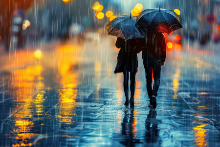 Two figures huddle under a single umbrella, their faces turned towards each other, a beacon of love and resilience amidst a stormy backdrop They weather the downpour together, finding strength in their shared bond A testament to enduring love, their embrace speaks volumes about the power of togetherness in the face of life&#39;s storms AI Generativeの素材
