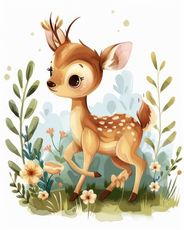 A whimsical watercolor illustration of a playful deer bounding through a bright meadow Perfect for kids&#39; rooms, nurseries, or adding a touch of fun to any space This charming cartoon art features a cheerful deer in a vibrant landscape, ideal for wall art, prints, and gifts AI Generativeの素材