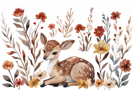 A charming watercolor illustration captures a playful deer amidst a vibrant meadow bathed in sunshine Delicate wildflowers bloom around the deer, creating a beautiful scene of nature&#39;s beauty and summer joy This whimsical artwork is perfect for bringing a touch of whimsy and serenity to any project AI Generativeの素材