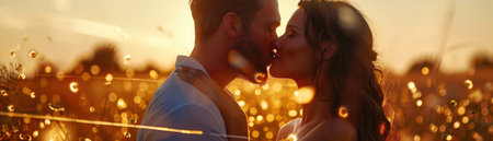 Lost in the embrace of a sun-drenched field, a couple shares a passionate kiss, their love story unfolding against a backdrop of vibrant wildflowers and rolling hills Nature's beauty surrounds them, mirroring the intense affection they share This is a moment of pure romance, captured in the great outdoors AI Generativeの素材
