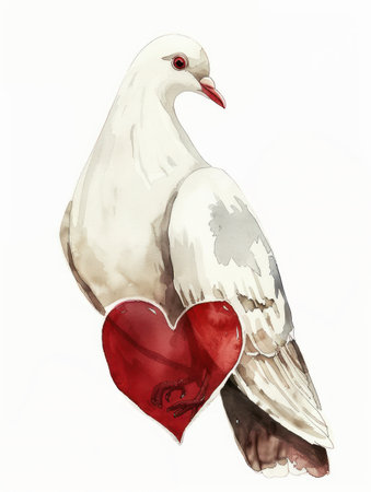 A charming watercolor illustration of a cartoon dove with heart-shaped feathers This adorable bird is perfect for love-themed decor, nursery prints, Valentine&#39;s Day gifts, and more The delicate white background and vibrant colors make this a sweet and whimsical piece AI Generativeの素材