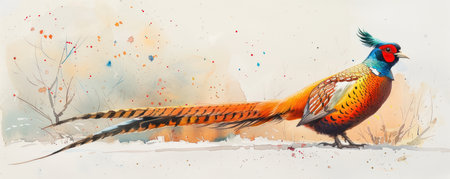 A stunning watercolor painting captures a majestic pheasant with vibrant, intricate plumage The bird stands out against a pristine white background, showcasing its exquisite details This artwork is perfect for adding a touch of nature and elegance to your home decor, gifting, or for wildlife enthusiasts AI Generativeの素材