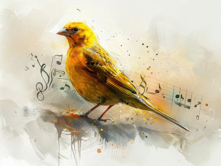 A vibrant watercolor illustration of a cheerful cartoon canary perched on a musical note This adorable design, set against a white background, is perfect for artistic decor, stationery, and gifts Its bright and cheerful style appeals to all ages, bringing a touch of whimsy and joy to any project AI Generativeの素材