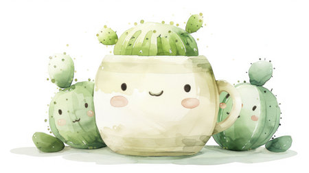 This charming watercolor illustration features a cute cactus nestled in a mug, perfect for adding a touch of whimsy to your home decor The pastel colors and hand-painted style create a sweet and cheerful vibe This print is ideal for decorating your space, gifting, or adding a personal touch to any project AI Generativeの素材
