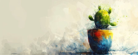 A cheerful cactus blooms in a colorful pot, painted in vibrant watercolor against a crisp white background This minimalist art piece brings a touch of vibrancy to homes and offices, offering a cheerful and artistic accent for any space AI Generativeの素材
