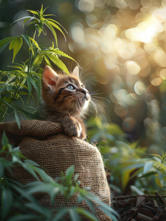 A curious tabby cat with emerald eyes investigates a bag of CBD treats The scene is super detailed, with the bag&#39;s label and textured fabric clearly visible Sunbeams illuminate the fluffy fur and the tempting treats within the bag, creating a captivating study in feline curiosity and the benefits of CBD for pets AI Generativeの素材