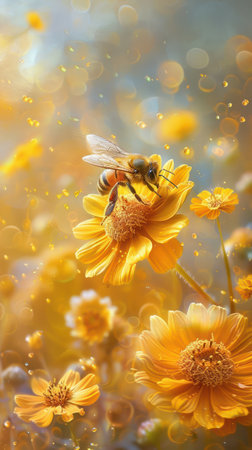 A vibrant watercolor painting captures the delicate beauty of a bee perched upon a marigold The bright yellow petals and intricate details of the flower create a stunning contrast against the bee&#39;s black and gold markings This inspiring floral design is perfect for adding a touch of nature&#39;s beauty to gardens, homes, and art collections AI Generativeの素材