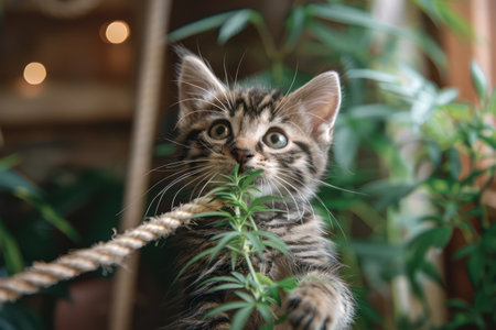 A mischievous kitten playfully bats at a string of cannabis leaves, its eyes wide with curiosity This high-resolution image captures the adorable moment of feline fun amidst lush greenery, perfect for pet lovers and those who appreciate the beauty of nature AI Generativeの素材