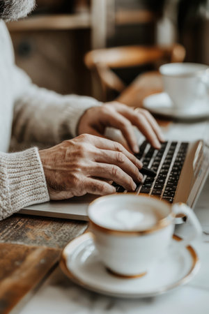 A doctor diligently types notes on a laptop during a virtual consultation, utilizing telemedicine for convenient and detailed healthcare The image showcases the modern advancements in online medical records and telehealth services, ensuring high-quality virtual consultations for patients AI Generativeの素材