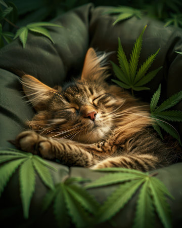 A contented feline finds ultimate relaxation nestled in a cannabis-themed cat bed  The plush, comfortable design invites serenity as the cat enjoys a moment of pure bliss  High-resolution, photorealistic details capture the cozy scene, showcasing the perfect blend of comfort and style AI Generativeの素材