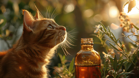 A curious cat, rendered in photorealistic detail, leans in to sniff a bottle of CBD oil The image is perfect for animal-inspired content, wellness blogs, and pet enthusiasts  This high-resolution image captures the feline fascination with this popular wellness product, creating an engaging visual for any project AI Generativeの素材