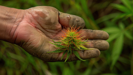A close-up photograph captures the intricate details of a mature cannabis bud held delicately in a hand The image showcases the vibrant green hues of the flower, glistening with a dense coating of shimmering trichomes, highlighting the plant's potency and quality The high-resolution detail offers a captivating visual representation of the cannabis harvest AI Generativeの素材