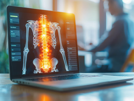 A doctor provides virtual pain management advice to a patient via laptop This image highlights the growing use of telemedicine for chronic pain management, offering convenient and accessible healthcare solutions The doctor&#39;s focused expression conveys empathy and expertise, while the laptop symbolizes digital health technology AI Generativeの素材