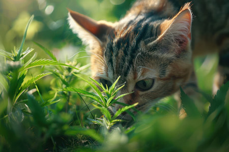 A curious feline, eyes wide with interest, sniffs a cannabis-themed toy nestled amidst vibrant green leaves This high-resolution image captures the playful interaction between a cat and the natural world, a delightful blend of pet adoration and cannabis culture Perfect for cat lovers and cannabis enthusiasts alike AI Generativeの素材