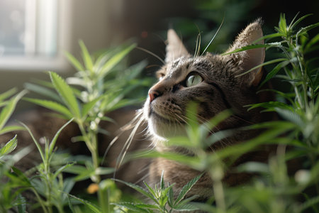 A playful feline navigates a whimsical room adorned with cannabis-themed decor Surrounded by leafy marijuana plants and whimsical weed-inspired designs, this adorable cat embodies the spirit of chill and curiosity  High-resolution imagery captures the furry friend&#39;s playful exploration, creating a unique and eye-catching photo AI Generativeの素材