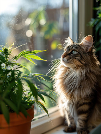 A majestic feline companion sits serenely beside a towering cannabis plant, bathed in natural light This stunning photorealistic image captures the beauty of nature and the allure of the cannabis plant, making it a perfect choice for nature lovers and cat enthusiasts alike  High-resolution detail brings the scene to life, offering a captivating visual experience AI Generativeの素材