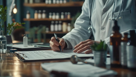 A doctor uses voice-to-text software to write an online prescription, streamlining the prescription process This image showcases the convenience and efficiency of e-prescription solutions in modern healthcare practices, offering a glimpse into the future of medicine AI Generativeの素材