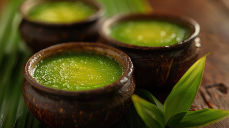 Indulge in the delicate sweetness of authentic Thai Coconut Custard This creamy dessert boasts a fragrant pandan aroma and is beautifully presented in ceramic cups A traditional treat perfect for festivals or a special occasion, it&#39;s surprisingly easy to make at home, offering a taste of Thailand&#39;s rich culinary heritage AI Generativeの素材