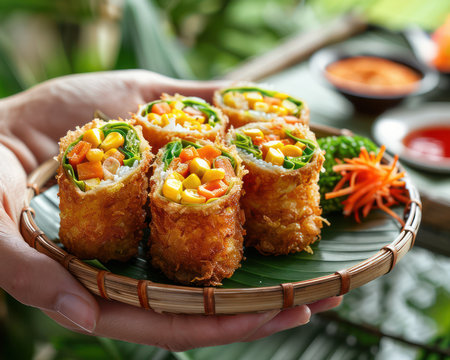 These crispy, golden Thai coconut pancakes, known as Khanom Bueang, are a street food delight! Filled with sweet corn and savory sauce, each bite bursts with authentic Thai flavors The delicate texture of the pancake complements the creamy corn filling, creating a perfect balance of sweet and savory AI Generativeの素材