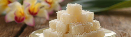 A rustic bowl overflowing with creamy coconut topping adorns a bed of golden, sweet cassava, a classic Thai dessert This traditional treat is a symphony of textures and flavors, capturing the essence of Thai cuisine Indulge in the authentic taste of Thailand with this delightful and satisfying dessert, perfect for any occasion AI Generativeの素材