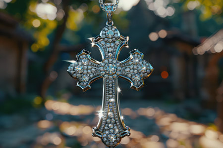 This exquisite diamond pendant features a classic cross design, crafted with meticulous detail and sparkling brilliance The luxurious piece is a timeless symbol of faith and sophistication, perfect for those seeking elegant jewelry that reflects their spiritual beauty AI Generativeの素材