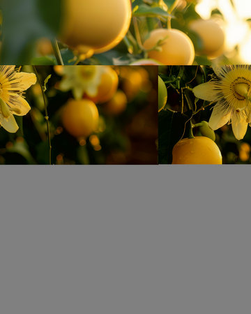 A breathtaking panorama unfolds at golden hour, showcasing a vibrant passionflower vineyard Lush vines laden with ripe, sun-kissed fruits create a scene of abundant beauty Warm evening light casts a golden glow, highlighting the delicate blooms and showcasing the serenity of nature&#39;s bounty AI Generativeの素材